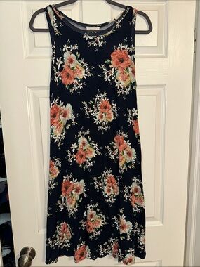 Reborn J Navy Floral Midi Dress with Coral & Cream Blooms